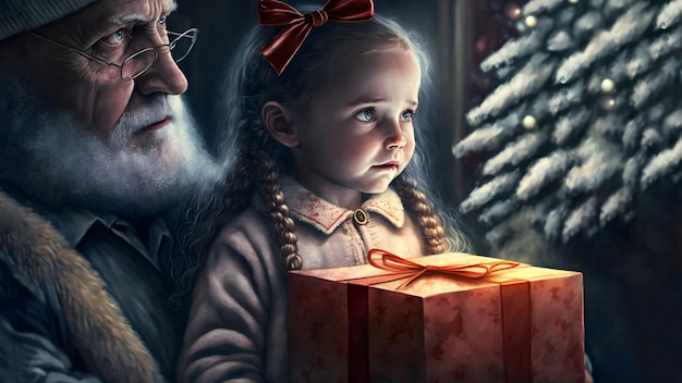 Babbo Natale dietro la piccola ragazza caucasica che tiene avvolto la rete neurale del contenitore di regalo di Natale ha generato l'arte