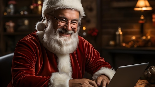 Babbo Natale è a casa e legge le lettere dei bambini su un laptop