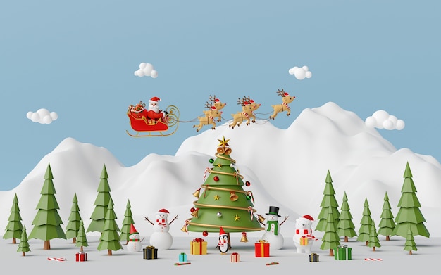 Babbo Natale e amici al rendering 3d montagna di neve