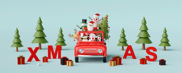 Babbo Natale e amico in una macchina rossa con decorazione di Natale rendering 3d