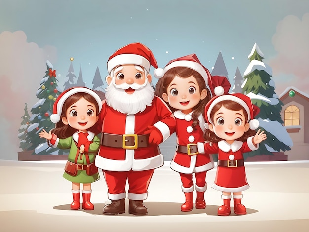 Babbo Natale e bambini in stile personaggio dei cartoni animati in costume natalizio