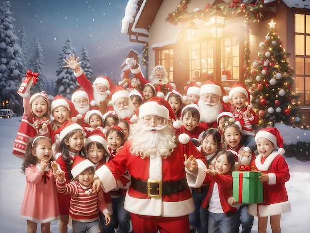 Babbo Natale e bambini in stile personaggio dei cartoni animati in costume natalizio