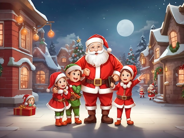 Babbo Natale e bambini in stile personaggio dei cartoni animati in costume natalizio