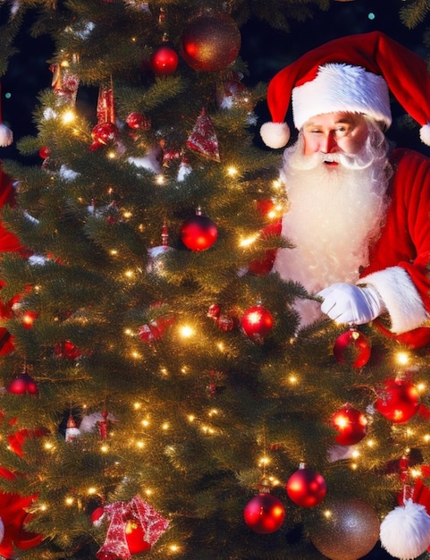 Babbo Natale e l'albero di Natale con luci vibranti e luccicanti