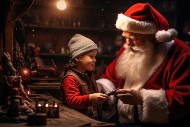 Babbo Natale e la sua bambina fanno una lista dei desideri a casa concetto di Natale Babbo Natali e i suoi piccoli elfi operai nel laboratorio in stile Polemovie del Nord Illuminazione cinematografica drammatica Generata da AI