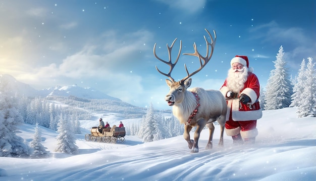 Babbo Natale e Rudolph in uno splendido paesaggio invernale innevato