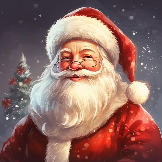Babbo Natale è sorridente e indossa occhiali e un cappotto rosso generativo ai