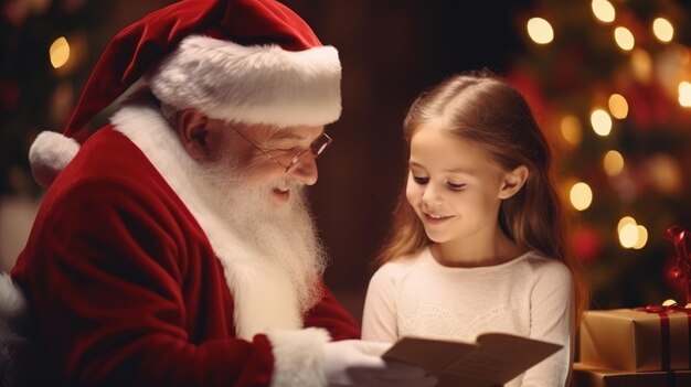 Babbo Natale e una bambina stanno leggendo un libro Capodanno e vacanze di Natale L'atmosfera della vacanza