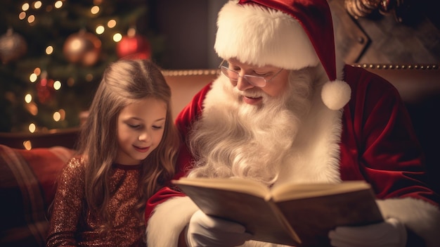Babbo Natale e una bambina stanno leggendo un libro Capodanno e vacanze di Natale L'atmosfera della vacanza