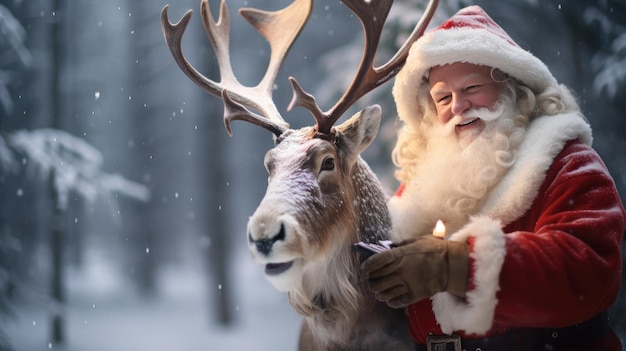 Babbo Natale è vicino alle sue renne nella foresta innevata