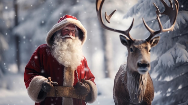 Babbo Natale è vicino alle sue renne nella foresta innevata