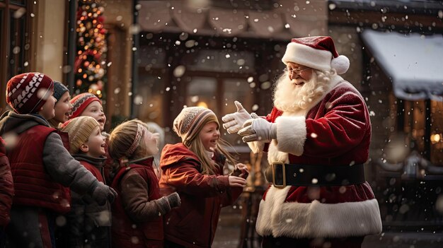 Babbo Natale fa regali nella piazza del villaggio innevato