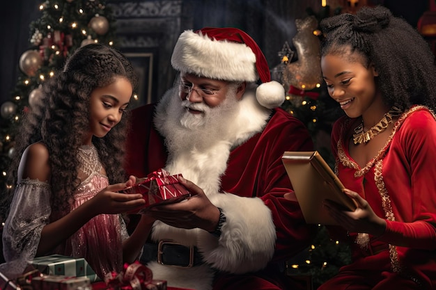 Babbo Natale fa un regalo a due ragazze afroamericane accanto all'albero di Natale