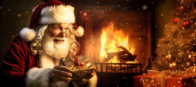 Babbo Natale fa un regalo di Natale Scena delle vacanze invernali di Natale con regali magici e intelligenza artificiale generata da Babbo Natale