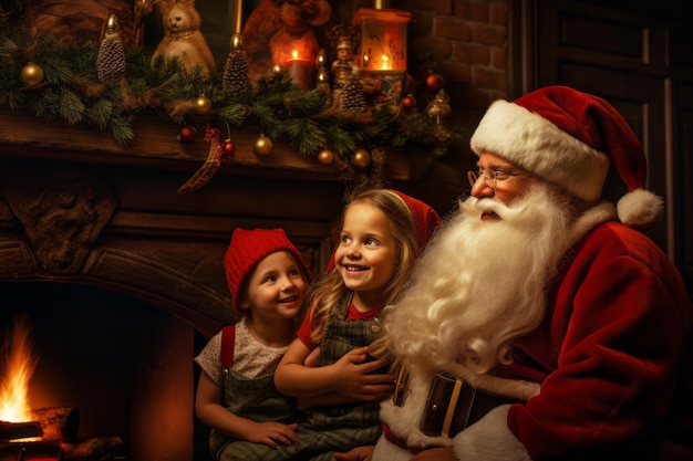 Babbo Natale felice con i bambini vicino al camino la notte di Natale