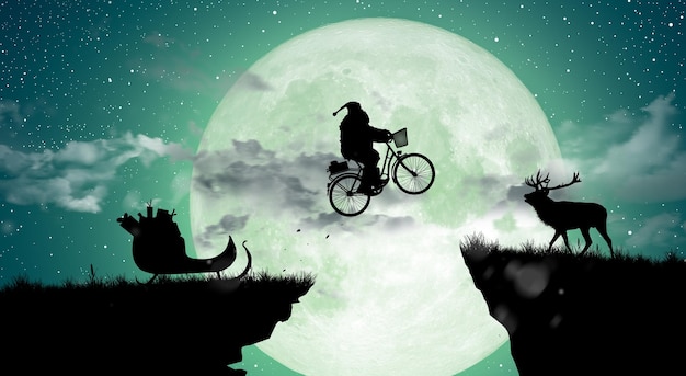 Babbo Natale in bicicletta che salta attraverso la scogliera sopra la luna piena