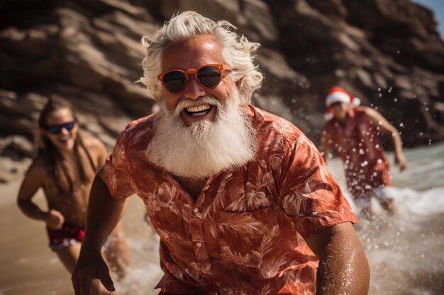 Babbo Natale in estate sulla spiaggia Santa sulla spiaggia con la sabbia Santa in vacanza AI generativa