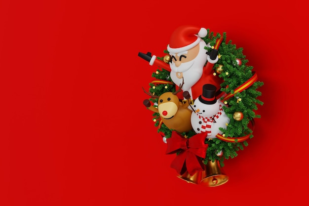 Babbo Natale in ghirlanda di Natale con fiocchi e nastri baubles celebra il buon Natale, Natale e felice anno nuovo festival rendering 3D