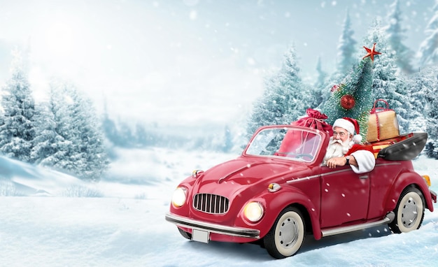 Babbo Natale in macchina rossa che consegna l'albero di Natale e regali a sfondo nevoso Cartolina di Natale