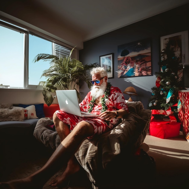 Babbo Natale in pantaloni della tuta e camicia hawaiana seduto nel suo ufficio al suo computer portatile