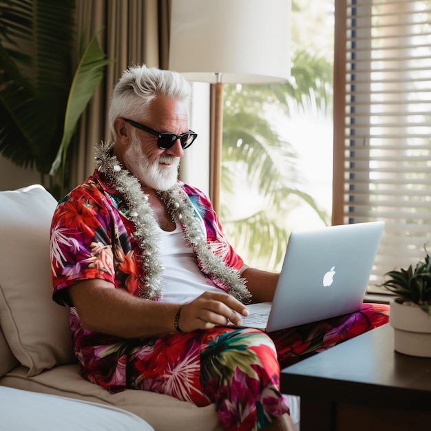 Babbo Natale in pantaloni della tuta e camicia hawaiana seduto nel suo ufficio al suo computer portatile