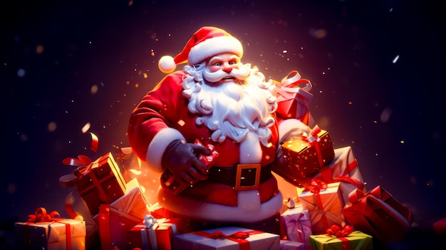 Babbo Natale in piedi davanti a una pila di regali con regali intorno a lui AI generativa
