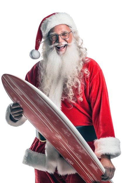 Babbo Natale in possesso di una tavola da surf isolata su bianco trasparente Natale estivo sulla spiaggia