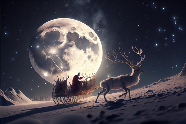 Babbo Natale in sella a un cervo in una slitta cartone animato Buon Natale 3D