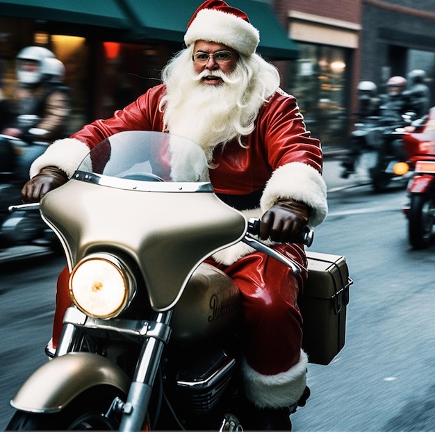 Babbo Natale in sella a una moto in una strada con altre moto.