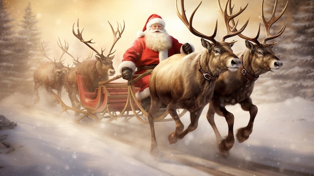 Babbo Natale in slitta con le renne nella neve