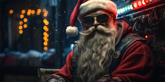 Babbo Natale in stile cyberpunk scuro e vestito con abiti di pelle stilizzati con accessori postapocalittici AI Generative AI