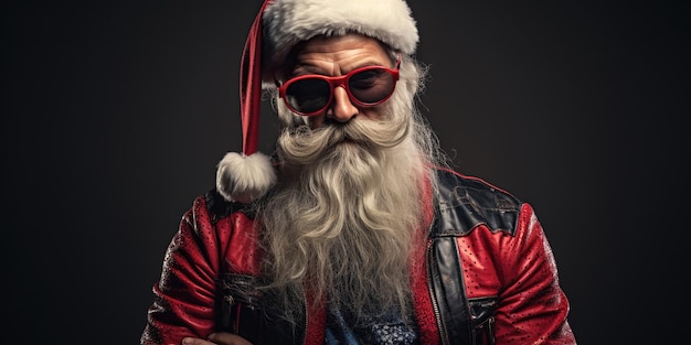 Babbo Natale in stile cyberpunk scuro e vestito con abiti di pelle stilizzati con accessori postapocalittici AI Generative AI