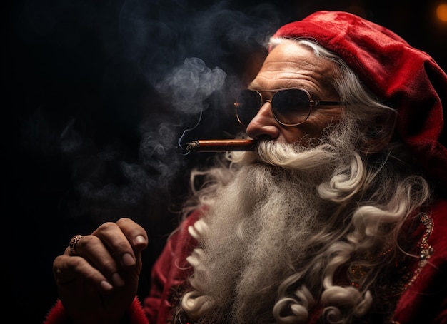 Babbo Natale indossa occhiali da sole fumando un sigaro e bevendo una frusta su sfondo scuro Foto di alta qualità