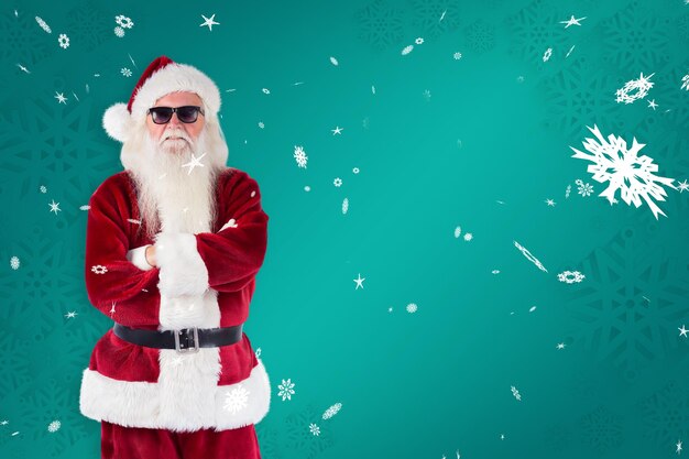 Babbo Natale indossa occhiali da sole neri su sfondo verde fiocco di neve