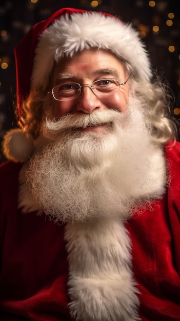 Babbo natale indossa un abito rosso e occhiali e una barba bianca generativa ai