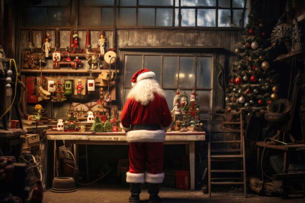 Babbo Natale lavora diligentemente per creare e confezionare giocattoli nel suo laboratorio festivo
