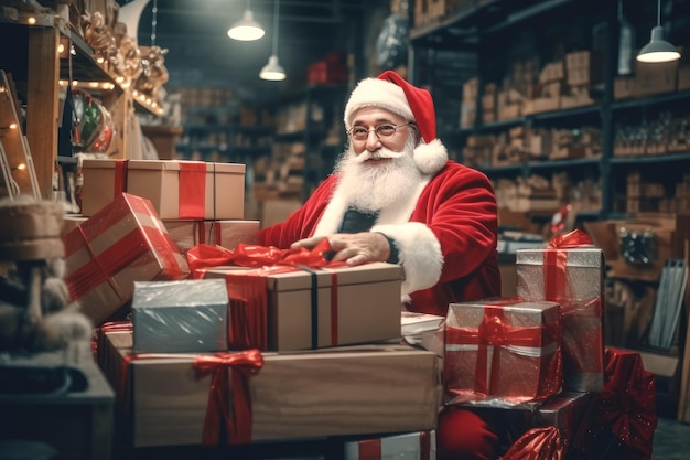 Babbo Natale lavora e confeziona regali per Natale e Capodanno in un magazzino