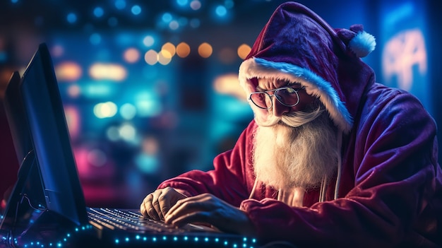 Babbo Natale lavora sul computer con un bellissimo background tecnologico IA generativa