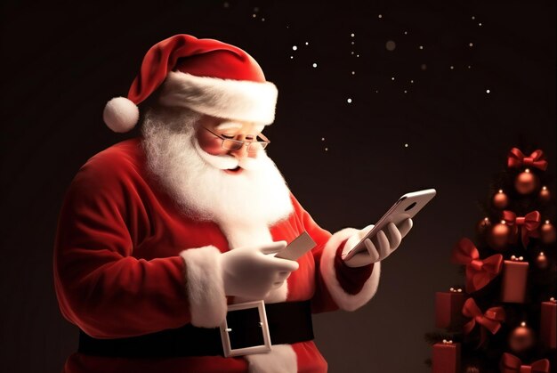 Babbo Natale lavora utilizzando lo schermo dello smartphone Sfondo nero con spazio per la copia del testo