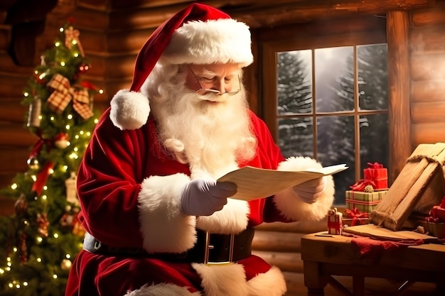 Babbo Natale legge le lettere dei bambini nella sua accogliente capanna