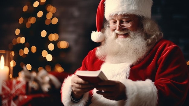 Babbo Natale legge un libro Capodanno e vacanze di Natale L'atmosfera della vacanza Cartolina