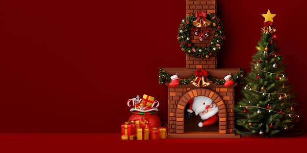 Babbo Natale nel camino in camera decorata da albero di Natale e confezione regalo 3d illustrazione