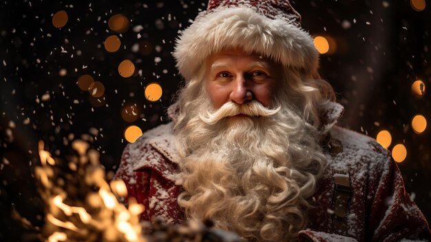 Babbo Natale nel Paese delle Meraviglie invernali con l'albero di Natale e la barba bianca luccicante al chiaro di luna