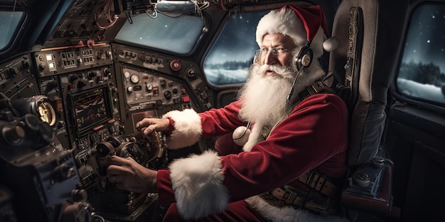 Babbo Natale nella cabina di pilotaggio dell'aereo intraprende un viaggio intorno al mondo per portare doni festivi ai bambini AI Generative AI