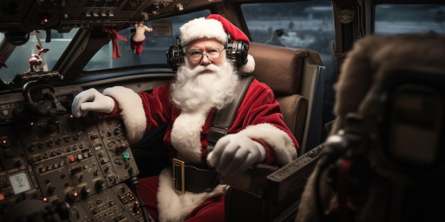Babbo Natale nella cabina di pilotaggio dell'aereo intraprende un viaggio intorno al mondo per portare doni festivi ai bambini AI Generative AI