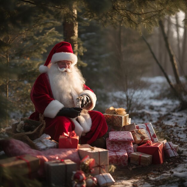 Babbo Natale nella foresta vicino all'albero con una borsa di regali immagini per la decorazione della casaai generativo