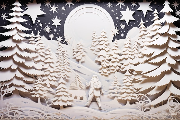 Babbo Natale nella neve con decorazioni natalizie papercut illustrazione generativa ai