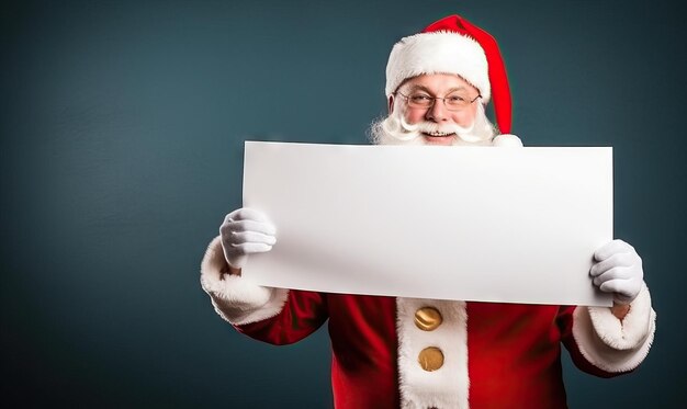 Babbo Natale papa noel con in mano un cartello con il concetto di pubblicità dello spazio di copia