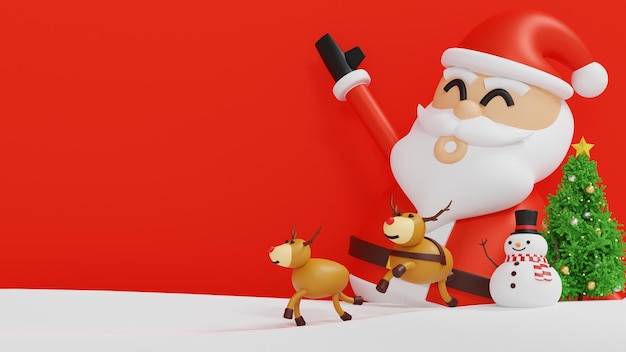 Babbo Natale pupazzo di neve e albero di Natale confezione regalo Felice anno nuovo e buon Natale biglietto di auguri rendering 3D
