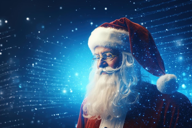 Babbo Natale realistico con punti neurali blu, linee di connessione e punti luminosi Generative Ai